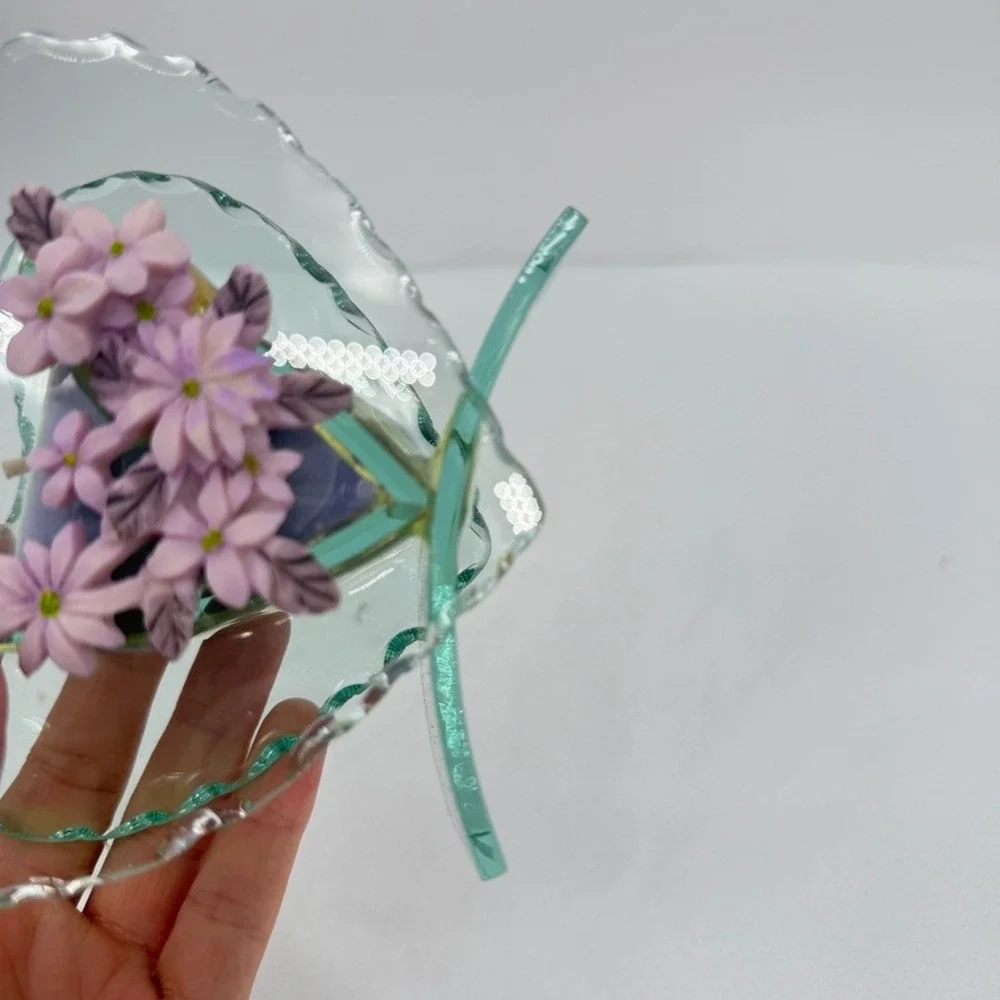 Giftco Heart Candle Beveled‎ Glass Holder Polystone Flowers Purple Decor Gift